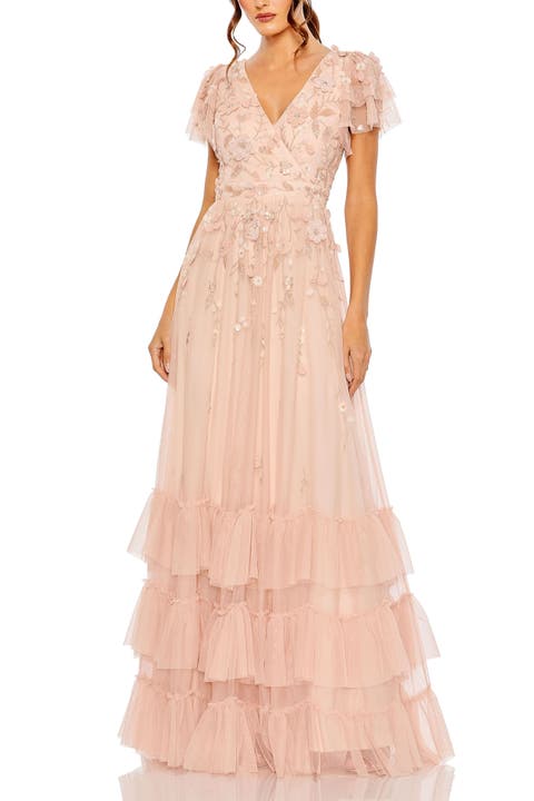 Ruffle Tiered Embellished Faux Wrap Flutter Sleeve Gown