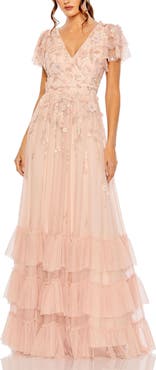 Mac Duggal Ruffle Tiered Embellished Faux Wrap Flutter Sleeve Gown