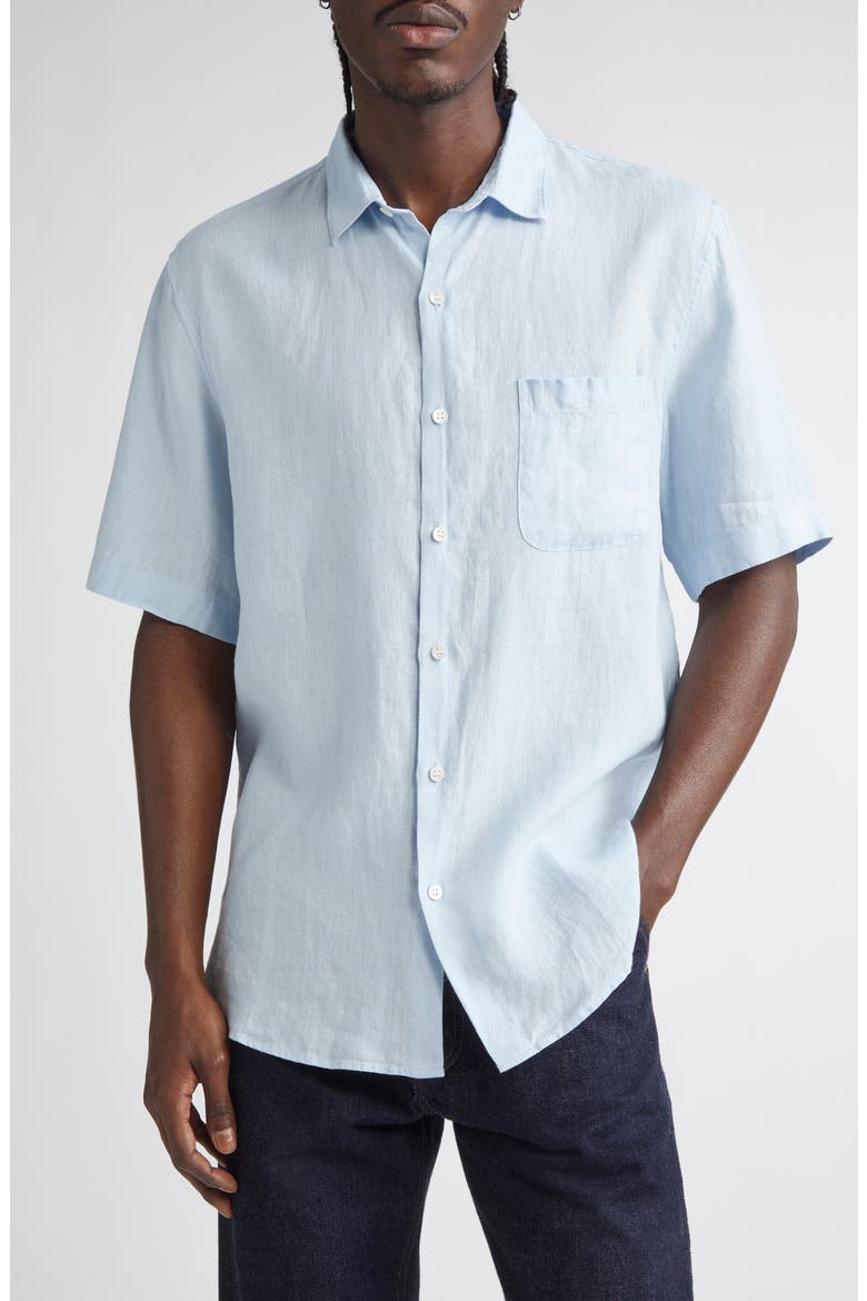 Short Sleeve Linen Button-Up Shirt, Main, color, LIGHT BLUE25