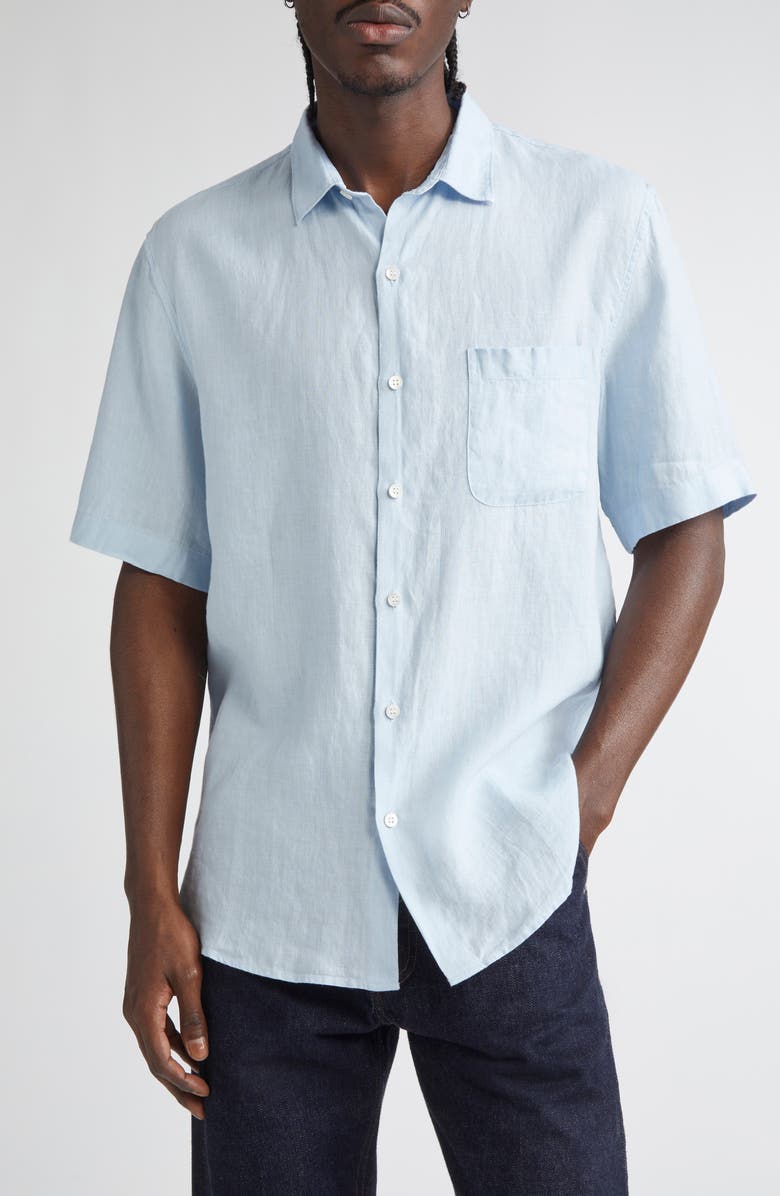 Sunspel Short Sleeve Linen Button-Up Shirt, Main, color, Light Blue25
