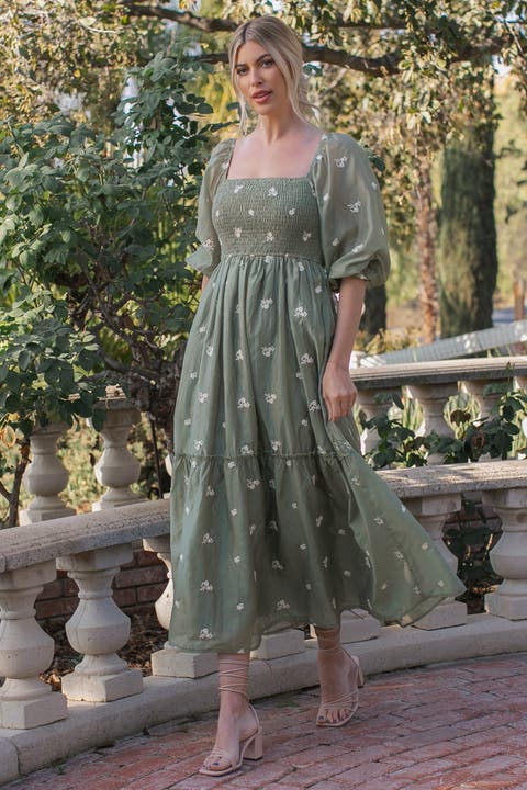 Floral Embroidered Smocked 3/4 Sleeve Midi Dress