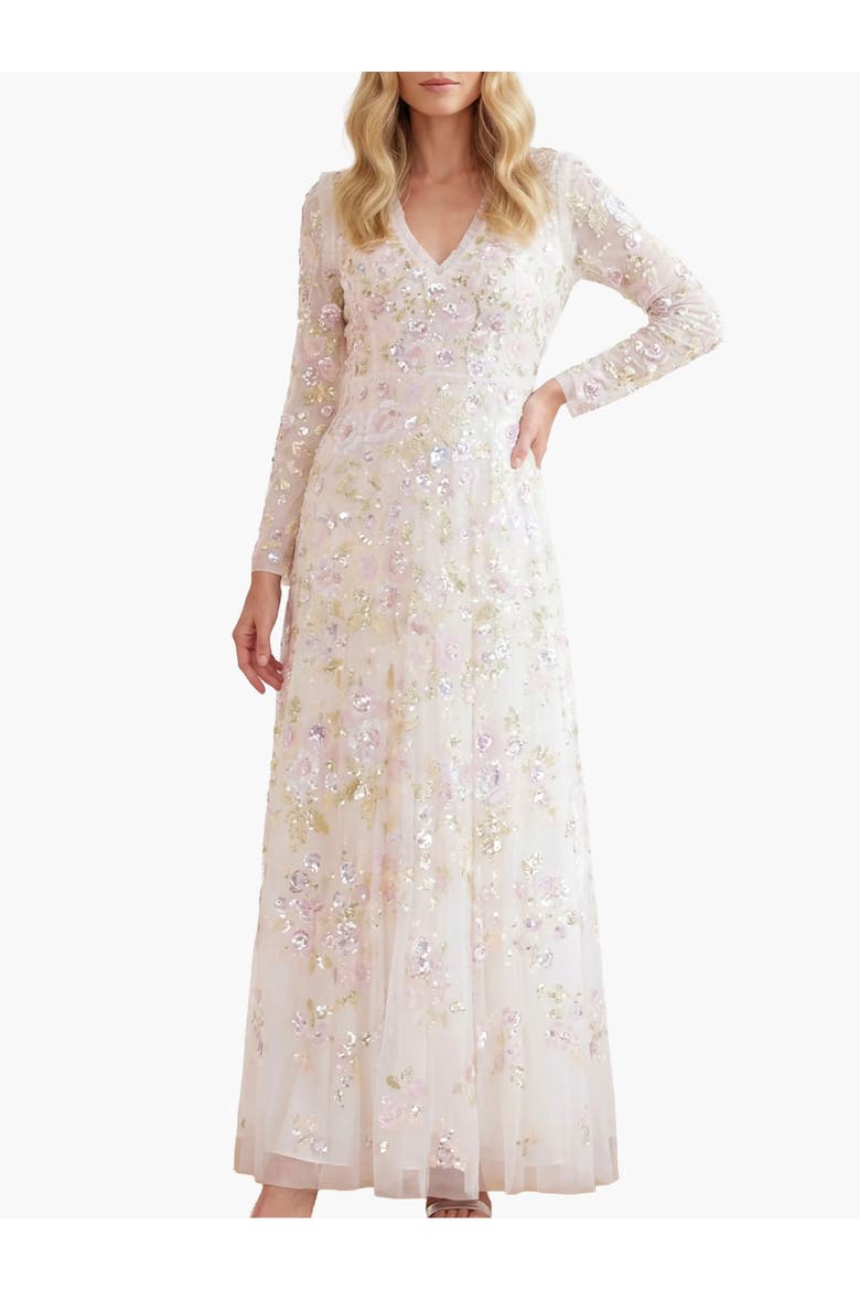 Sequin Paradise V-Neck Gown, Main, color, Swan White/Multi
