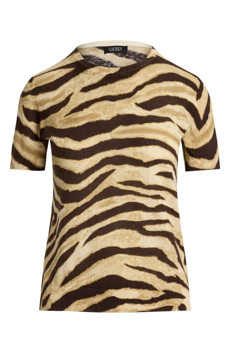 Lauren Ralph Lauren Zebra Stripe Short Sleeve Linen & Cotton Sweater, Alternate, color, Mascarpone Cream/ Brown