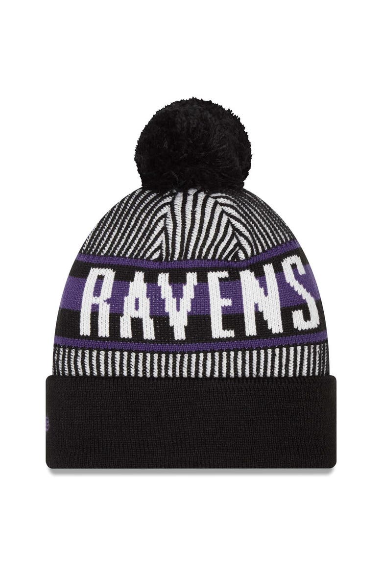 Youth New Era Black Baltimore Ravens Striped  Cuffed Knit Hat with Pom, Alternate, color, Black