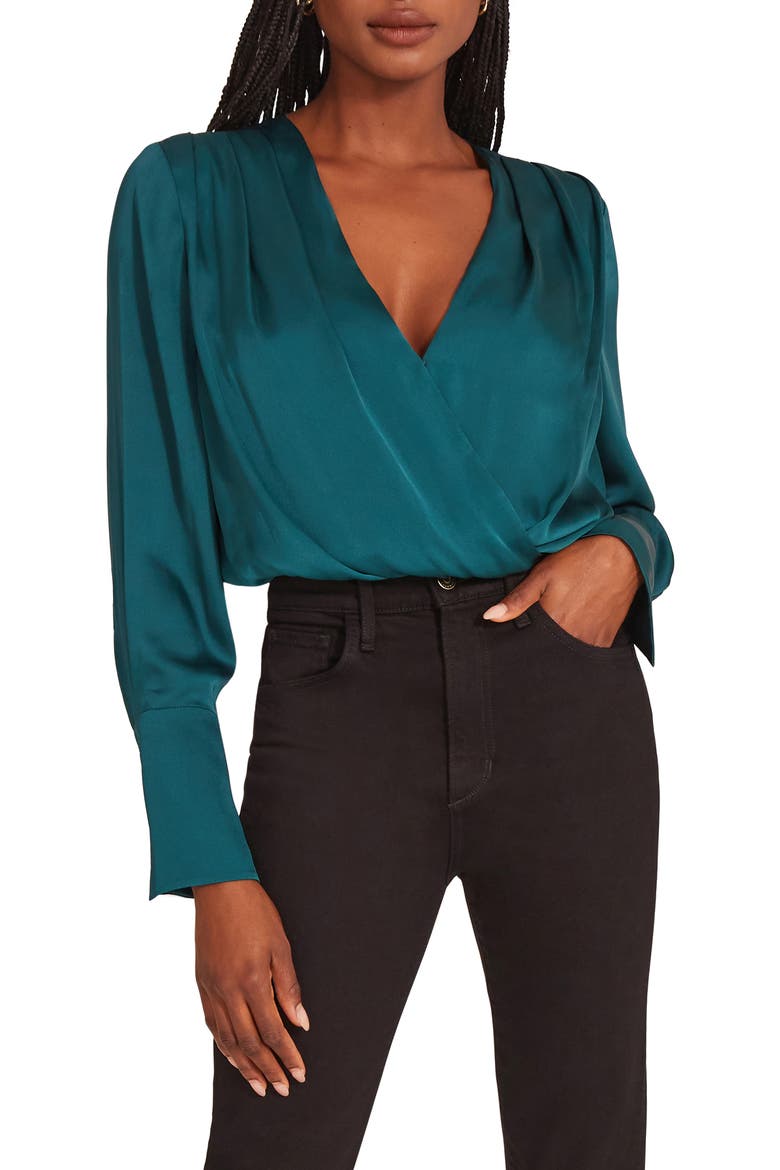Surplice Long Sleeve Satin Bodysuit, Main, color, EMERALD