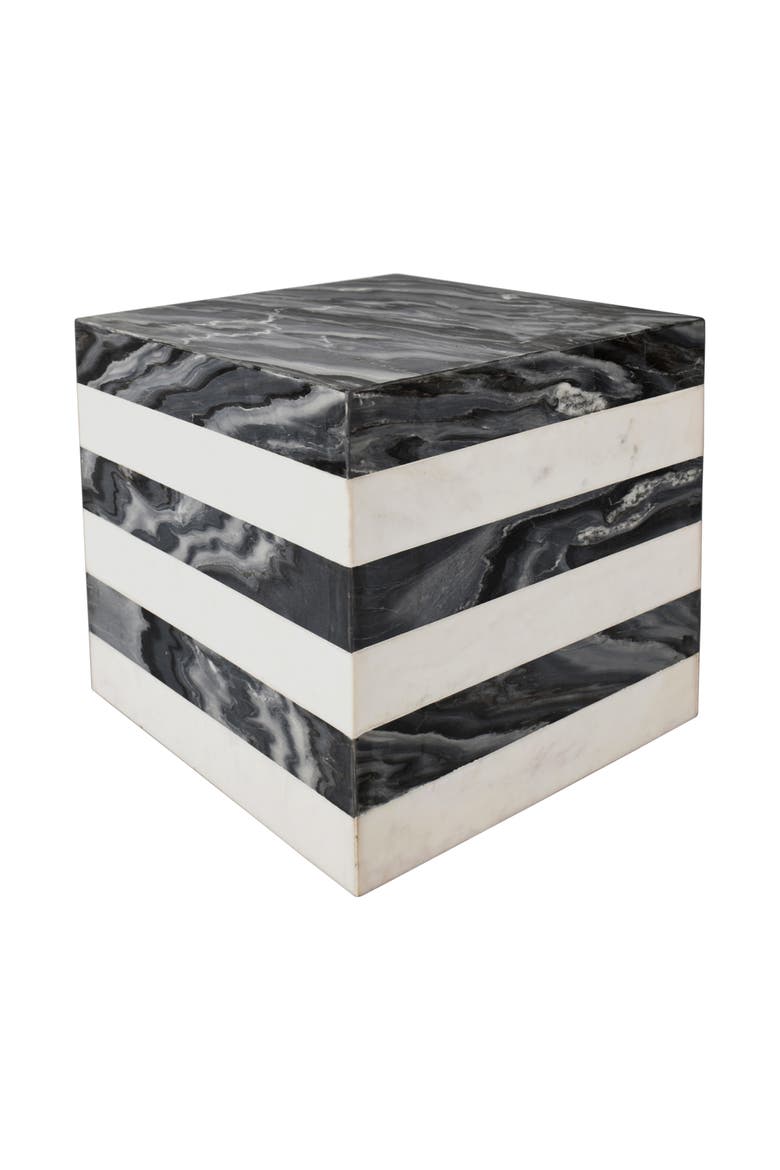 Felix Minimalist Marble Cube End Table, Stone Square Block Side Table, Solid Living Room Accent Pedestal, Main, color, Black/White