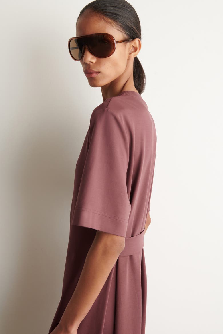 Belt-detail Midi T-shirt Dress, Alternate, color, BROWN