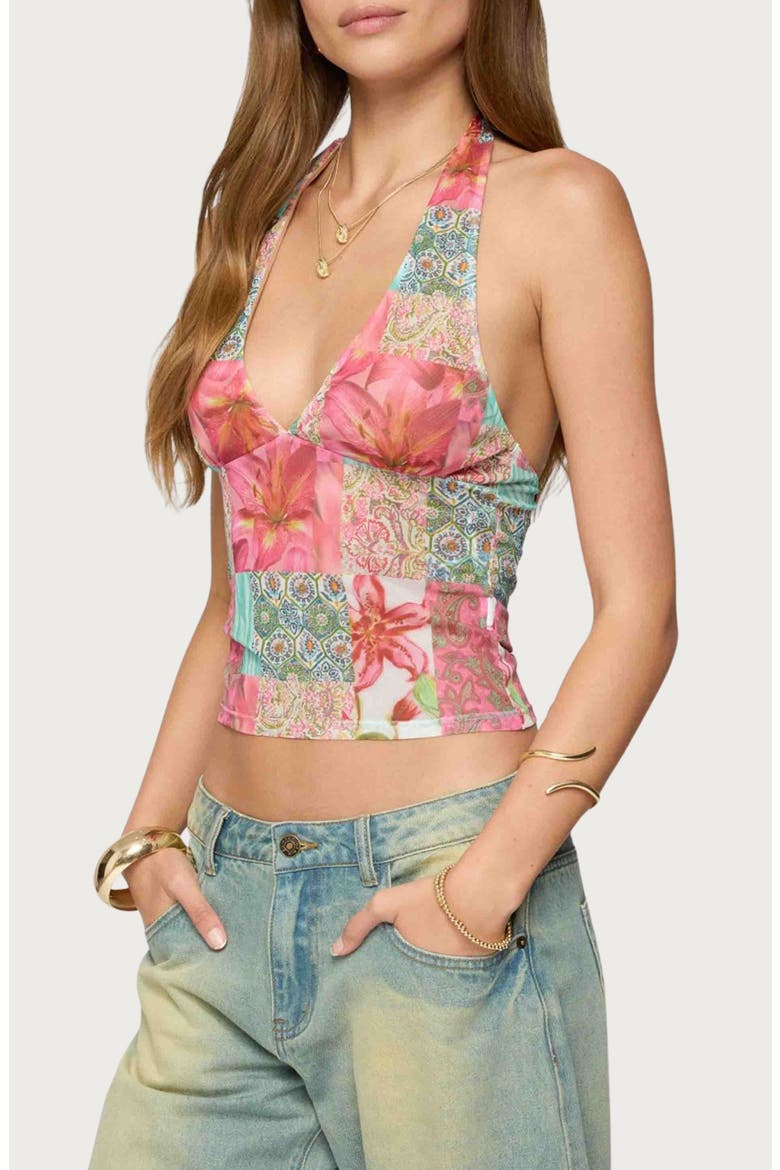Catie Patchwork Mesh Halter Top, Alternate, color, PINK MIX