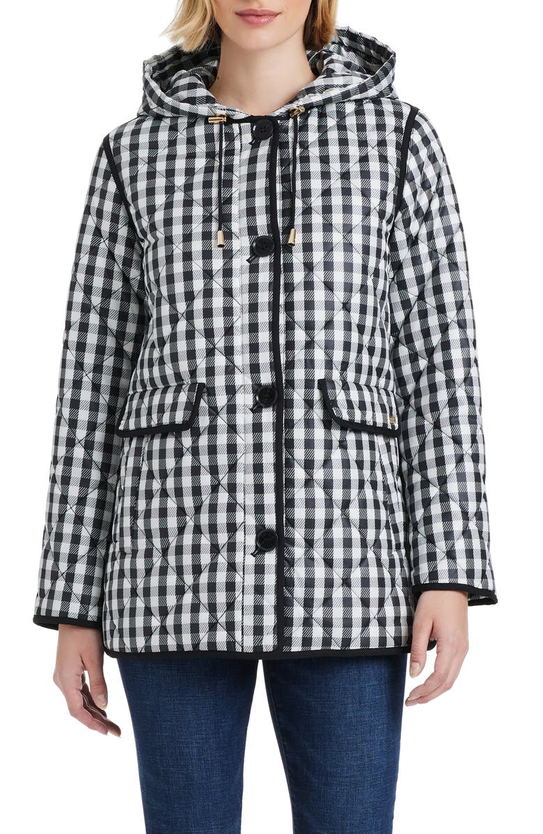 Kate Spade New York spade flower water resistant gingham quilted jacket, Alternate, color, Gingham Field Small