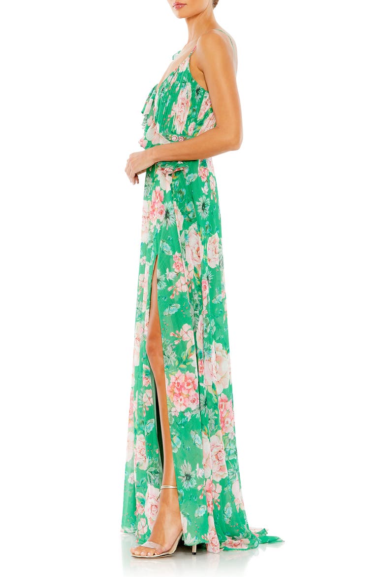 Floral Print Ruffled Wrap Over A Line Gown, Alternate, color, GREEN MULTI