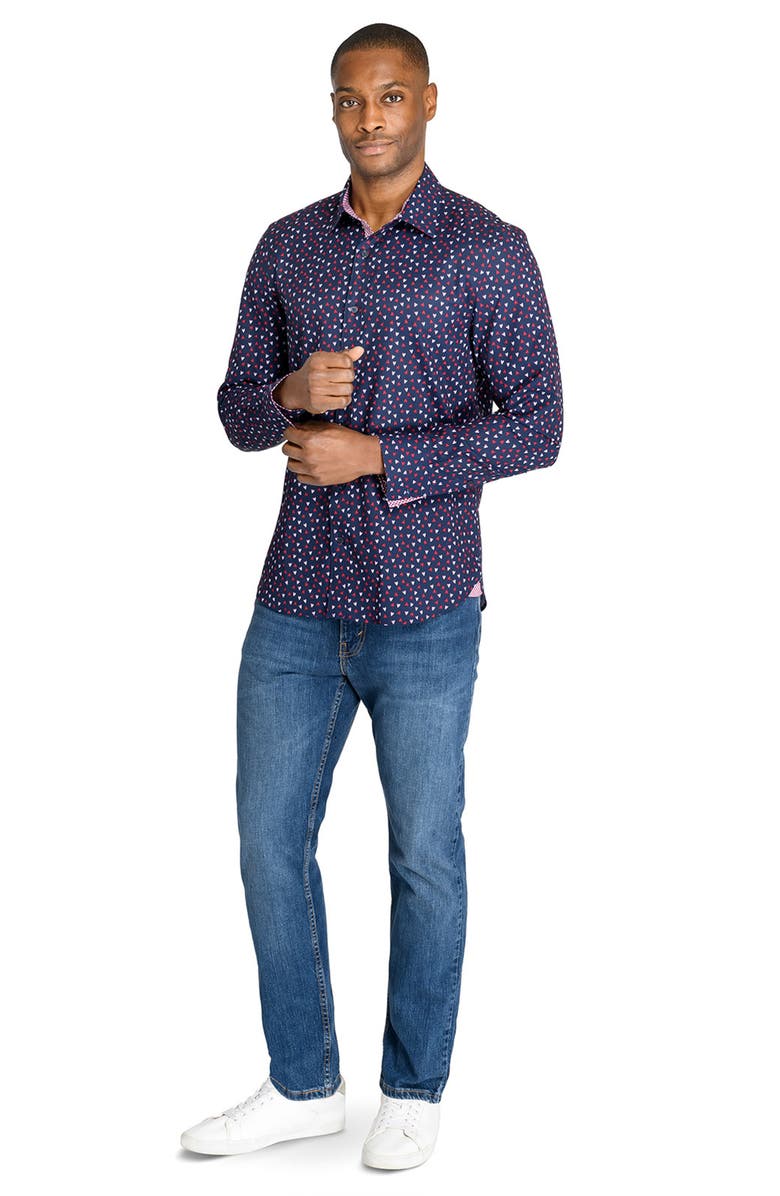 CONSTRUCT Slim Fit Mini Hearts Recycled 4-Way Stretch Performance Long Sleeve Shirt, Alternate, color, Navy/Red