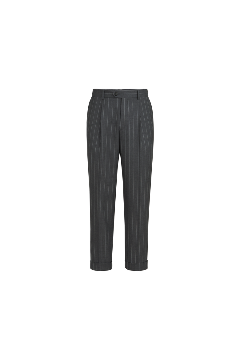 Super 150s virgin wool wide chalk stripe batavia trousers with pleat, Alternate, color, Grey