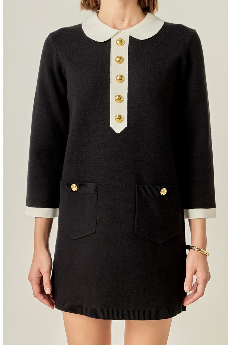 Collar Detail Knit Minidress, Alternate, color, BLACK/ OFF WHITE