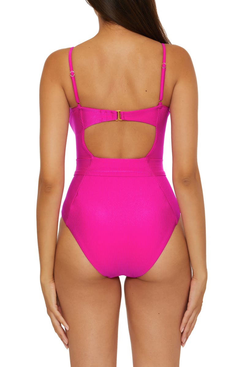 Becca Monte Carlo Belted Rib One-Piece Swimsuit, Alternate, color, Azalea