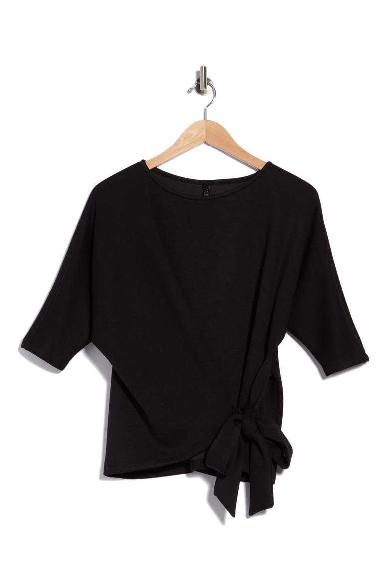 Side Tie Three-Quarter Sleeve Top, Alternate, color, BLACK
