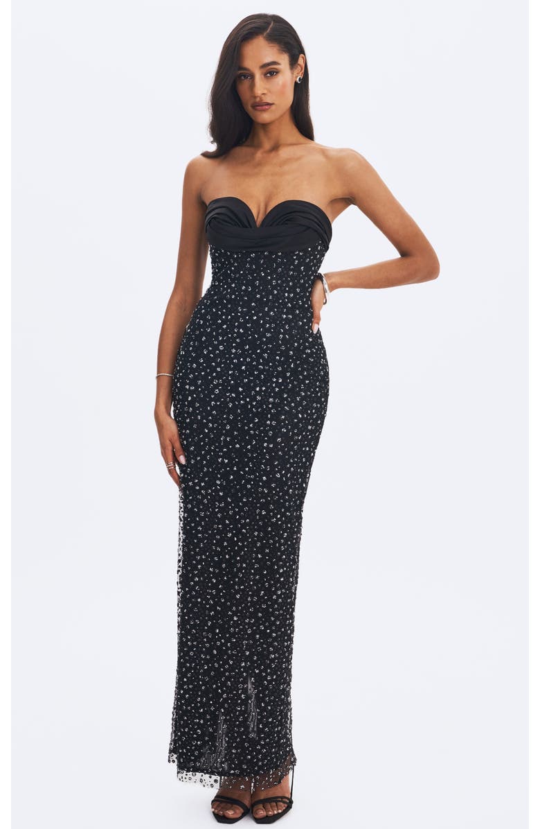 Miss Circle Preslie Satin & Crystal Mesh Sheath Maxi Dress, Main, color, Black