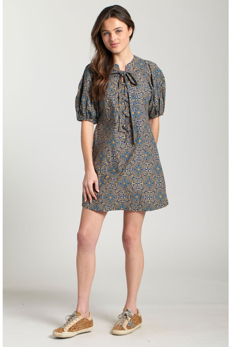 Mixed Tile Print Puff Sleeve Cotton Dress, Alternate, color, INDIGO MULTI