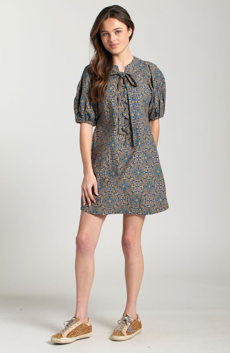 APNY Mixed Tile Print Puff Sleeve Cotton Dress, Alternate, color, Indigo Multi