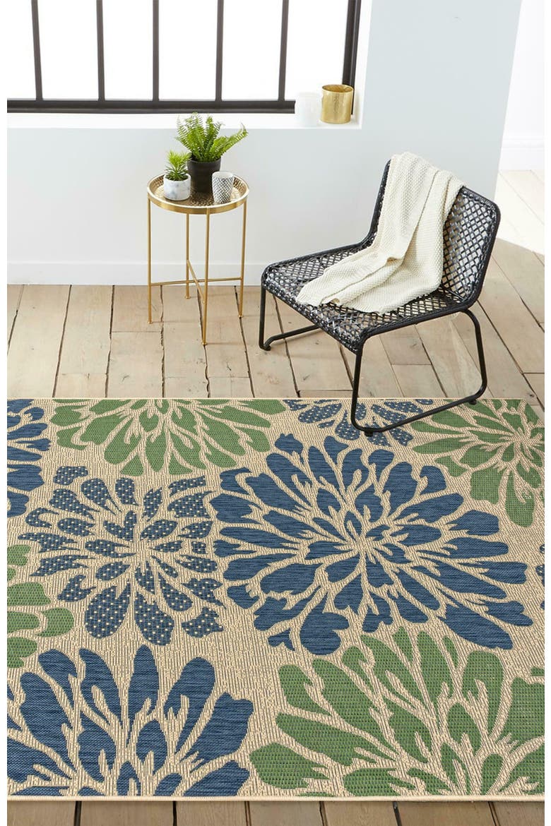 Zinnia Modern Floral Textured Weave Indoor/Outdoor Area Rug, Alternate, color, Navy/Green