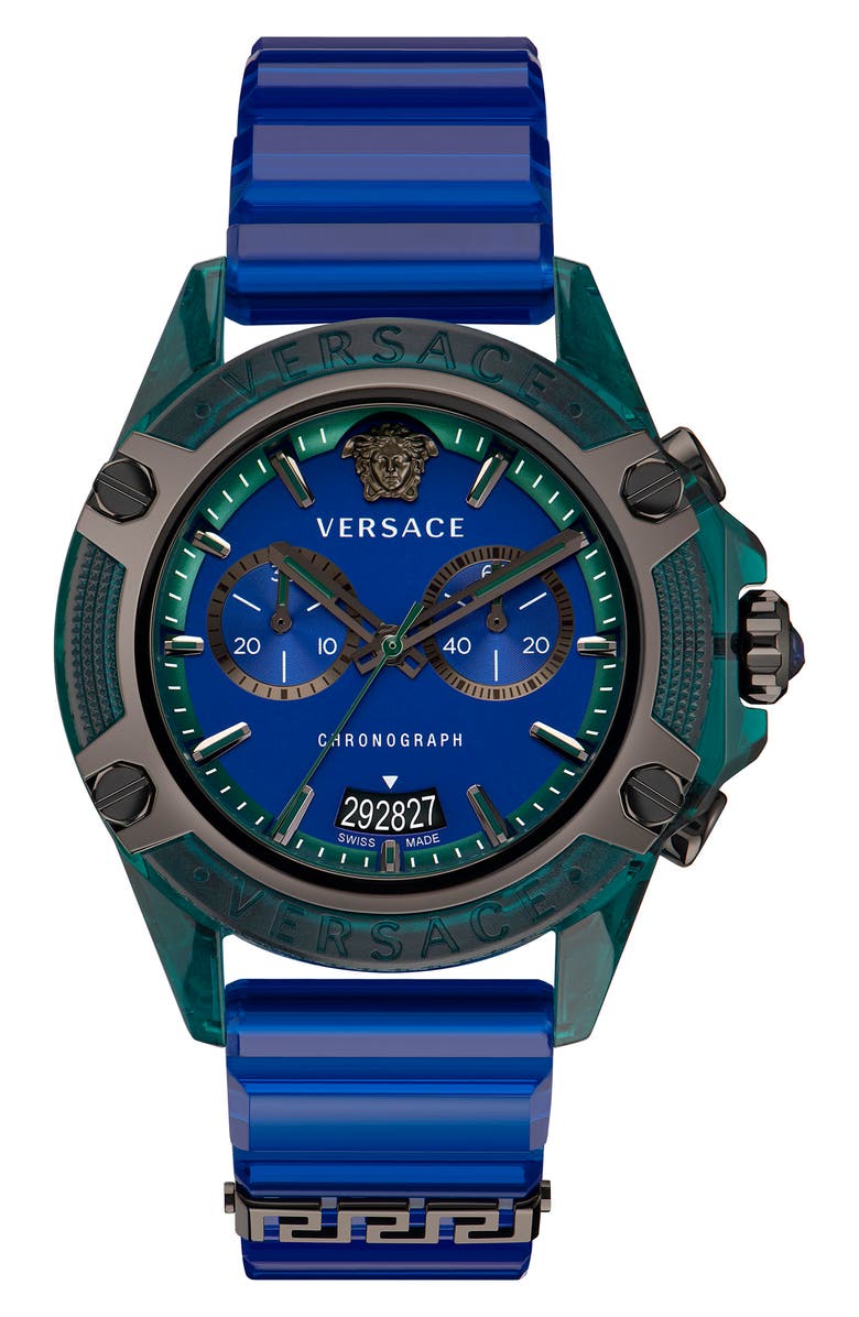 Versace Icon Active Chronograph Silicone Strap Watch, 44mm, Main, color, Green