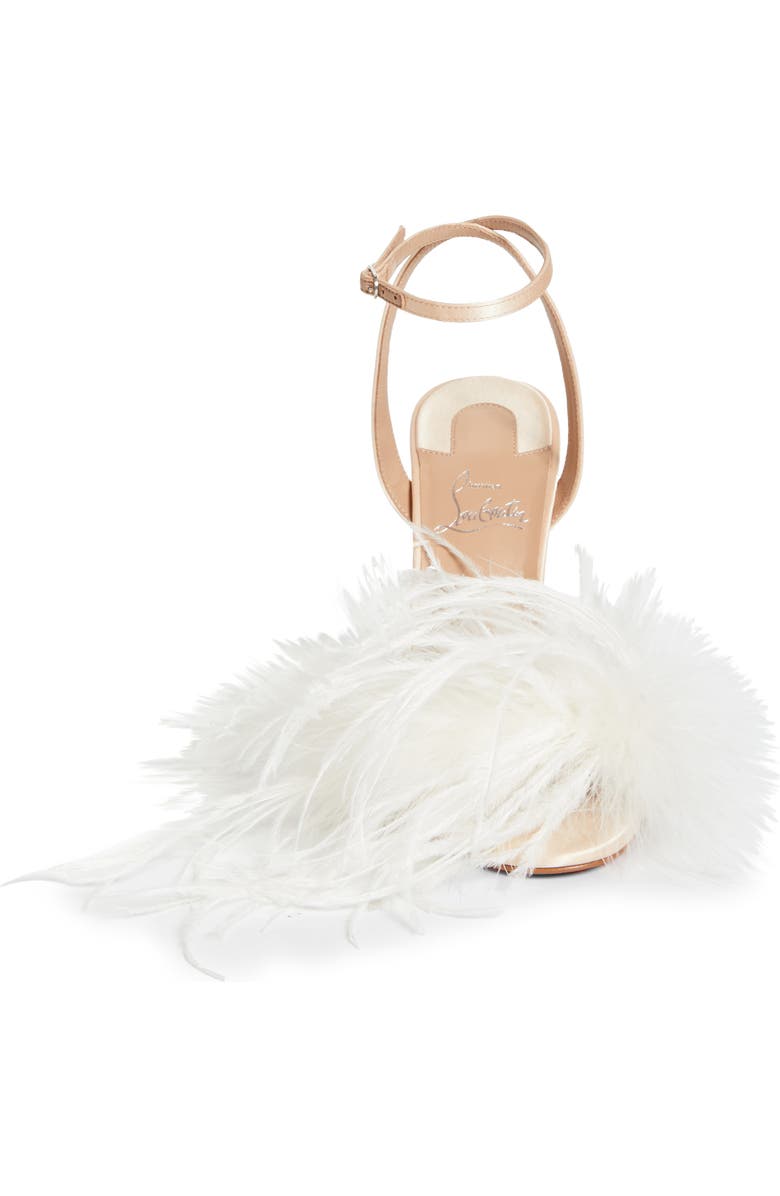 Christian Louboutin Miss Z Loubipoupi Feather Embellished Ankle Strap Sandal, Alternate, color, Blush/ Ivory