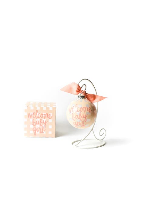 Welcome Baby Girl Gingham Glass Ornament with Stand