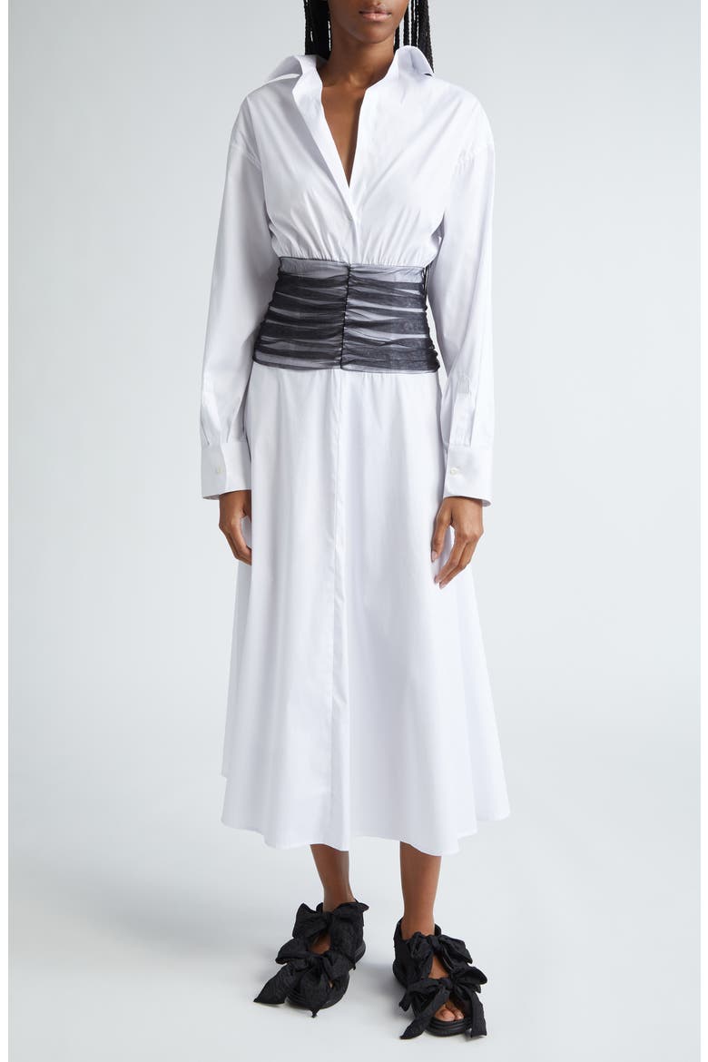 Drew Tulle Waist Long Sleeve Poplin Shirtdress, Alternate, color, WHITE