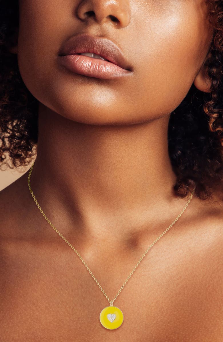 SPHERA MILANO Pavé Cubic Zirconia Heart Enamel Disc Pendant Necklace, Alternate, color, Gold