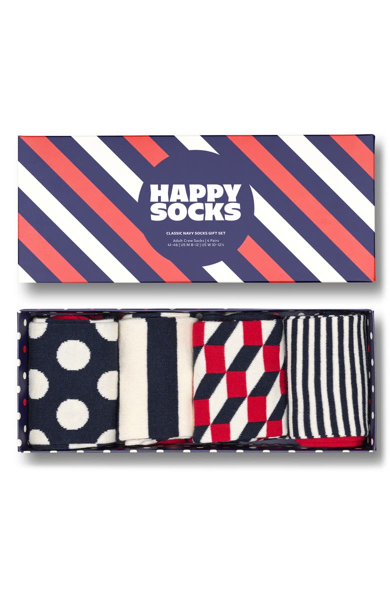 Happy Socks Classic Dot & Stripe 4-Pack Cotton Blend Crew Socks Gift Set, Alternate, color, Navy
