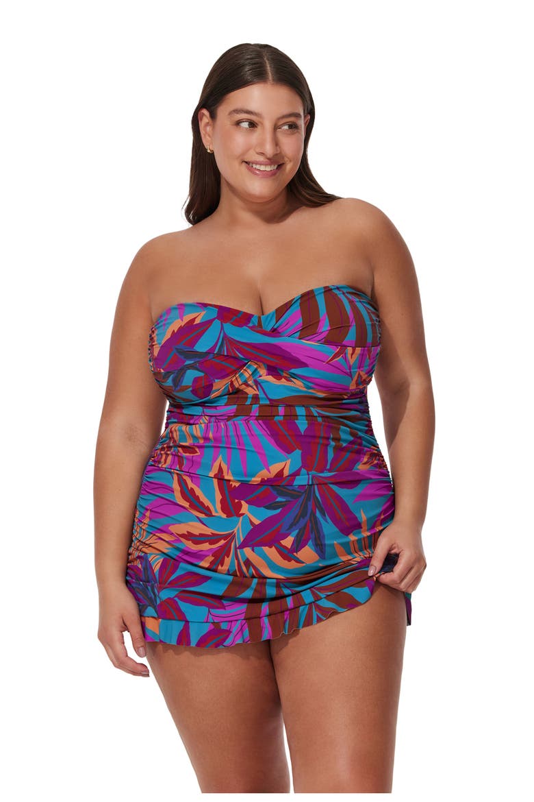 Plantopia Plus Size Bandeau Swimdress, Main, color, Multi-Teal