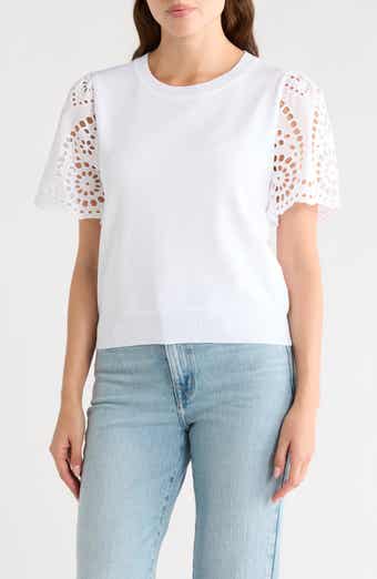 Nanette Lepore Embroidered Eyelet Short Sleeve Twofer Sweater