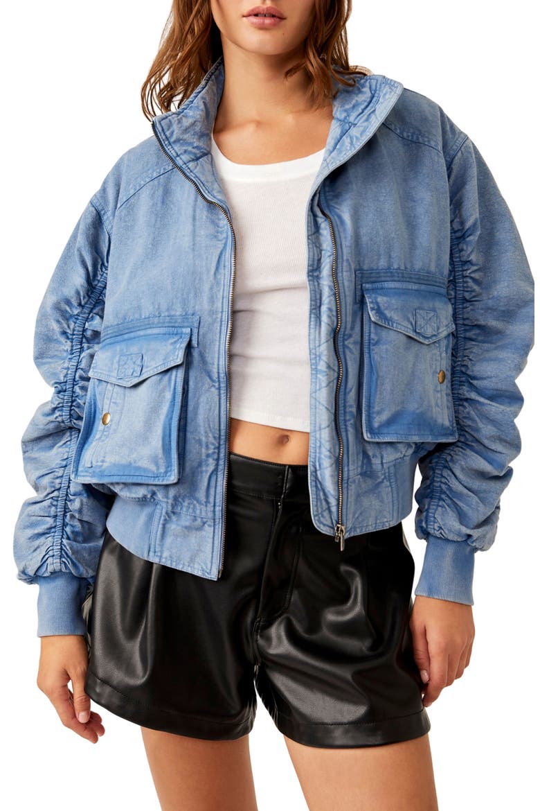Flying High Cotton & Linen Bomber Jacket, Main, color, DENIM GREY