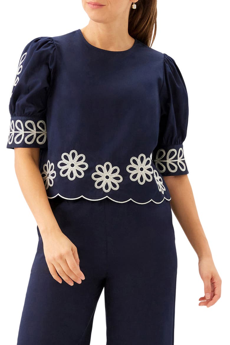 Embroidered Scallop Puff Sleeve Cotton Top, Main, color, NAVY