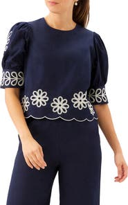 Karen Kane Embroidered Scallop Puff Sleeve Cotton Top
