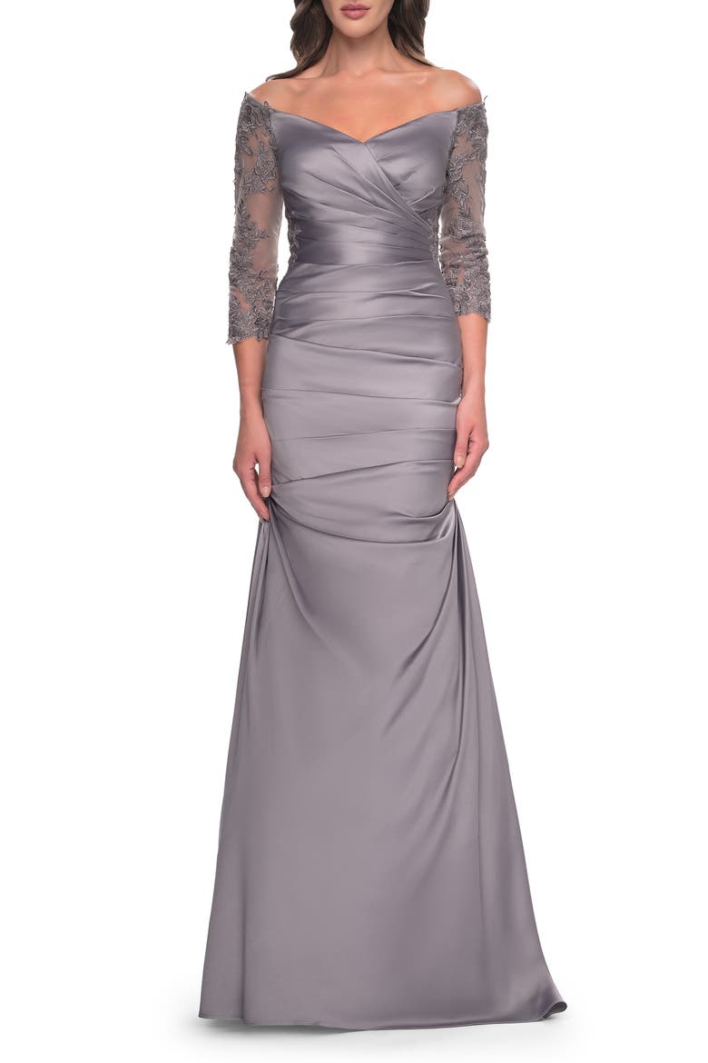 Mermaid Satin Dress with Gathering and Off the Shoulder Top, Main, color, Silver