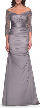 La Femme Mermaid Satin Dress with Gathering and Off the Shoulder Top