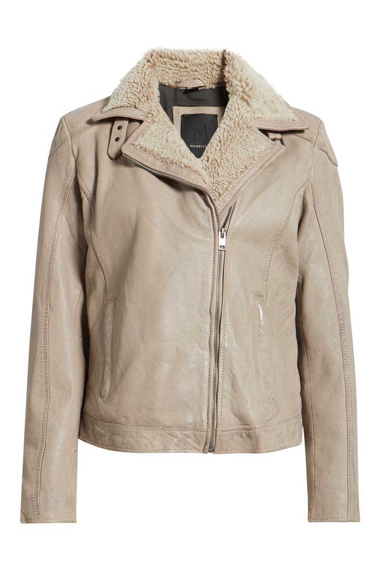 Jenja Fleece Lined Leather Moto Jacket, Alternate, color, STONE