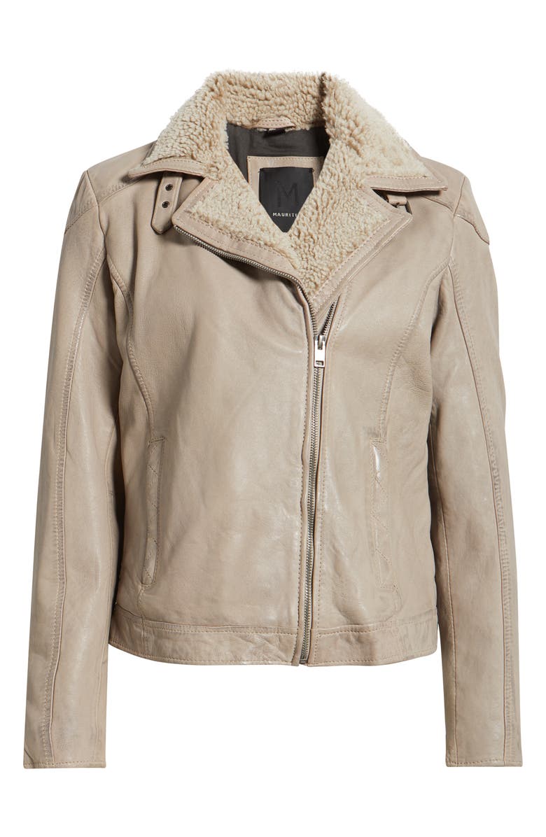MAURITIUS Jenja Fleece Lined Leather Moto Jacket, Alternate, color, Stone