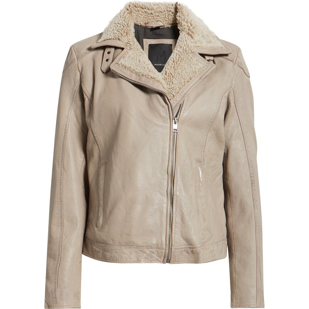 Mauritius Jenja Fleece Lined Leather Moto Jacket In Neutral