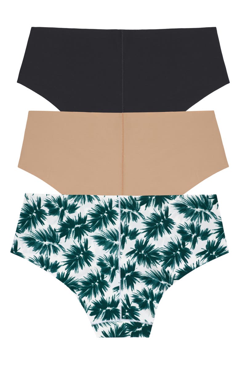 DKNY Litewear Cut Anywhere Assorted 3-Pack Hipster Briefs, Alternate, color, Black/ Glow/ Desert Palm Print