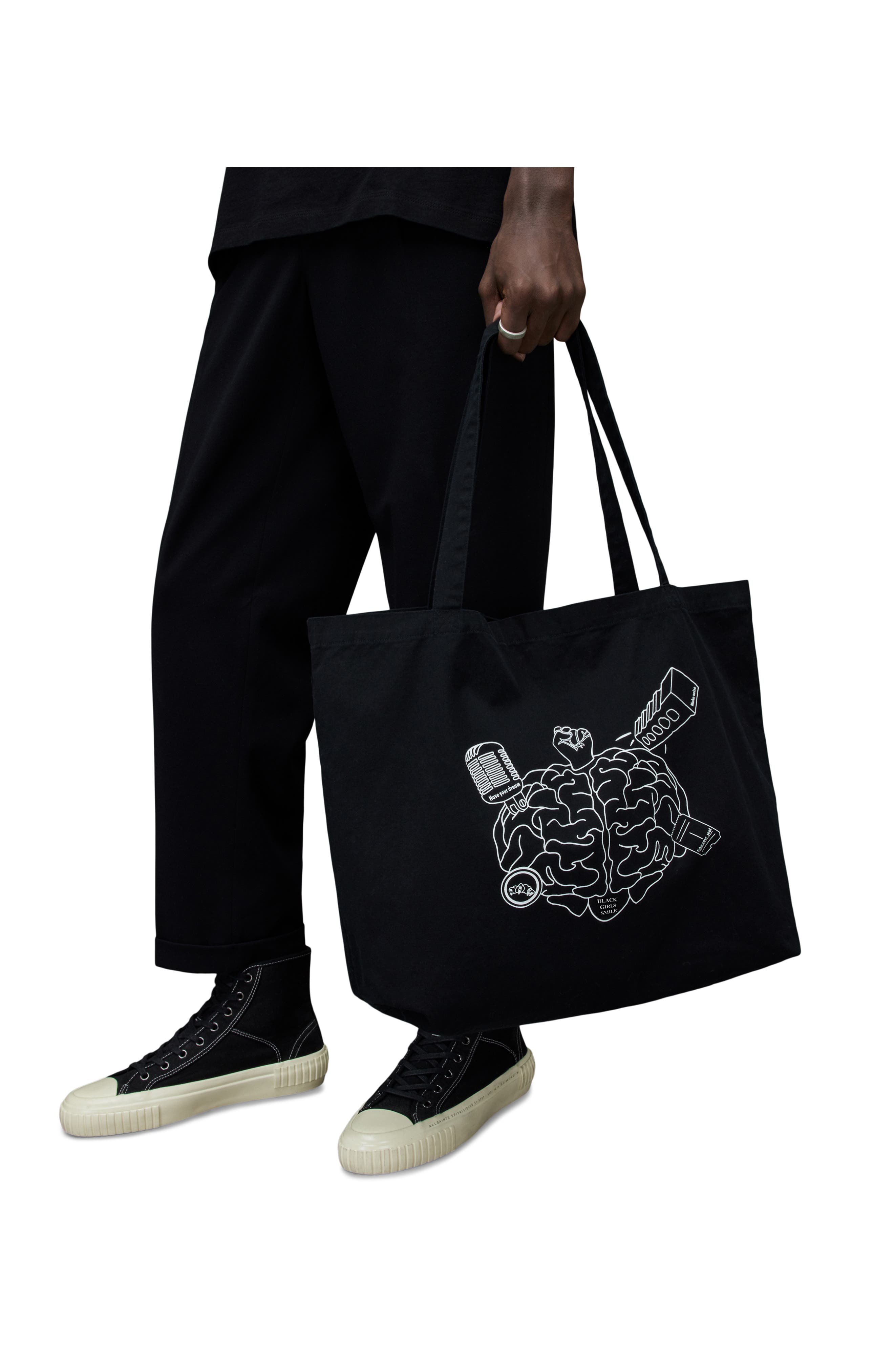 AllSaints Black Girls Smile Tote, Alternate, color, 