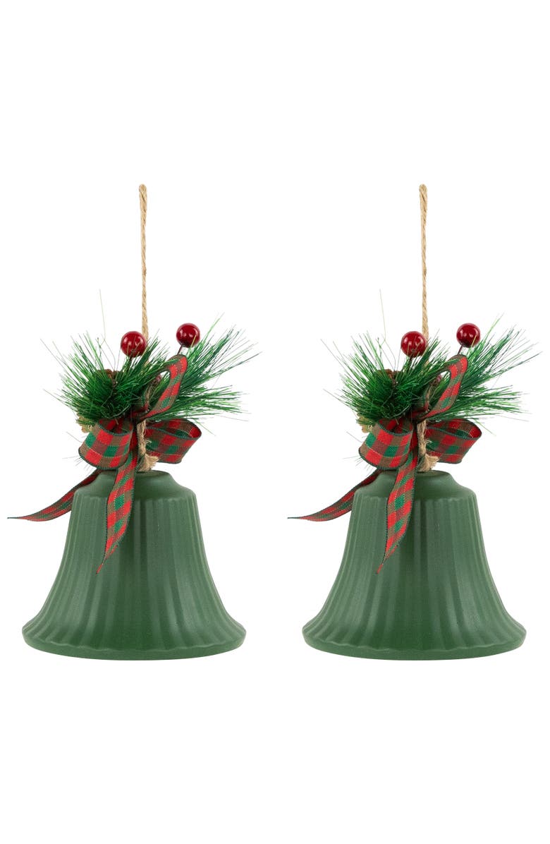 Northlight Christmas Bells with Pinecones and Plaid Bow Ornaments - 7" - Green - Set of 2, Alternate, color, Green