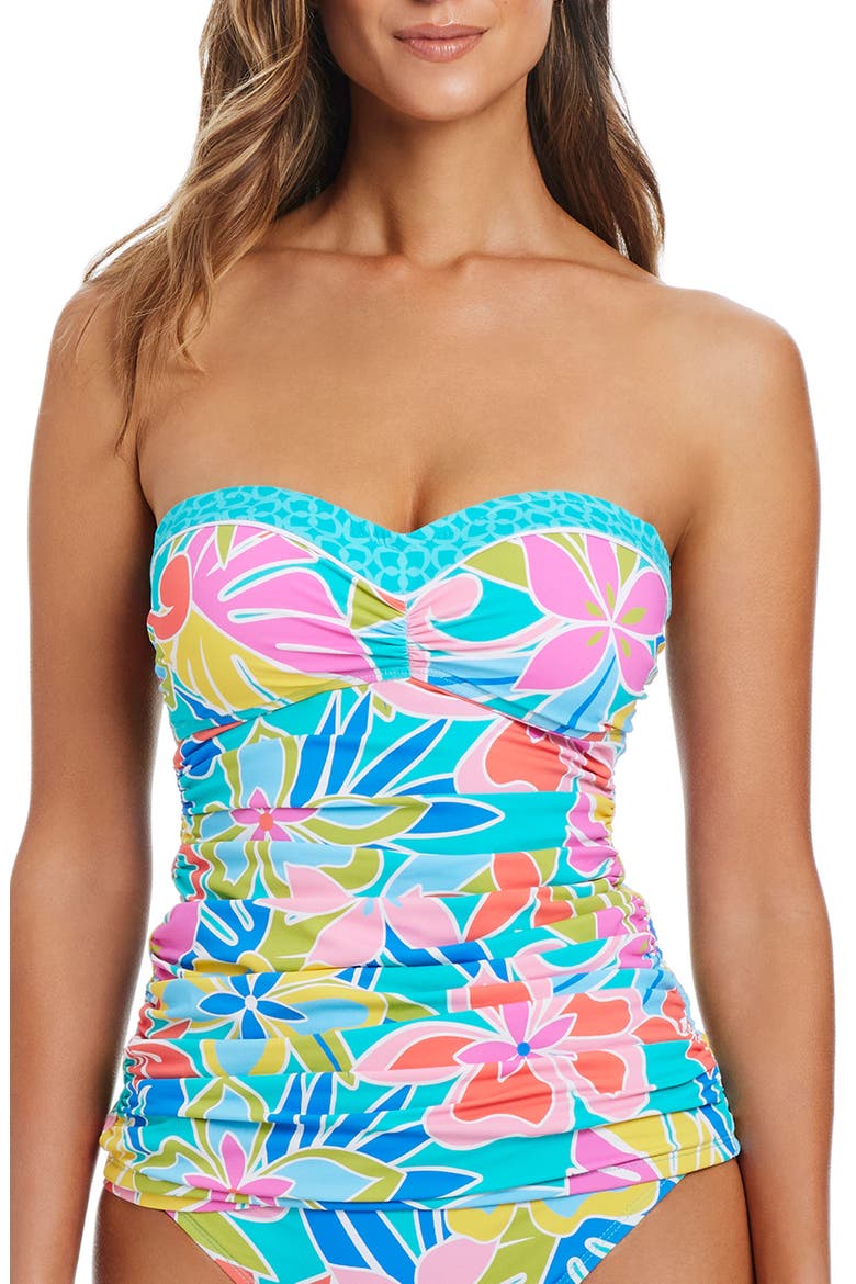 Floral Strapless Tankini Top, Alternate, color, AQUA FRESCA