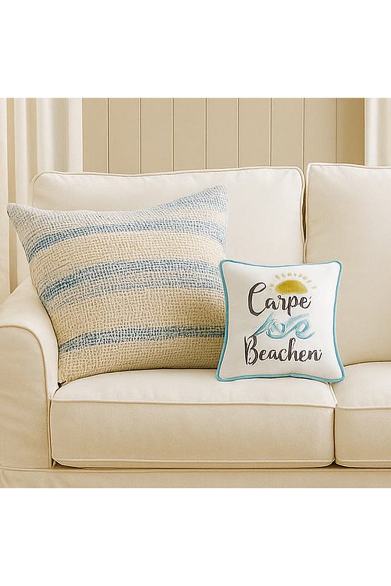"Carpe Beachem" Embroidered Cotton Blend Small Petite Mini Accent Pillow 10" x 10", Alternate, color, Blue