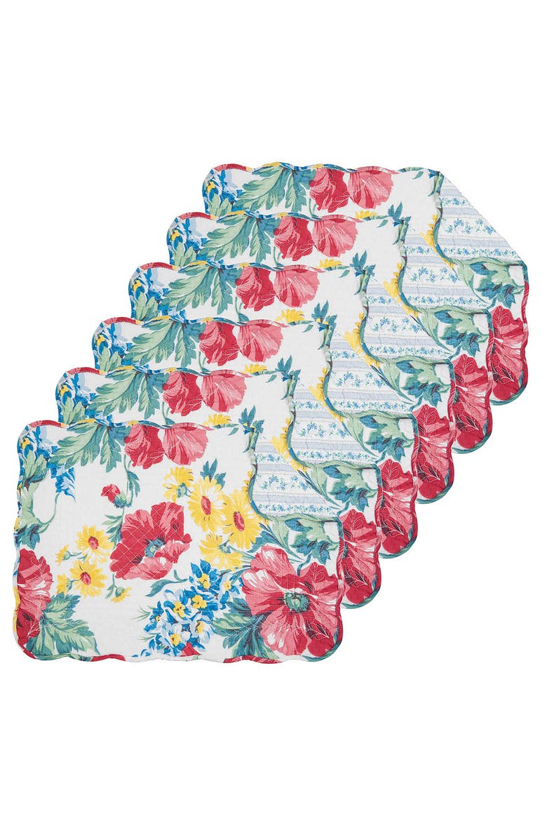 Camila Flowers 100% Cotton Set of 6 Placemats 13" x 19", Main, color, Pink