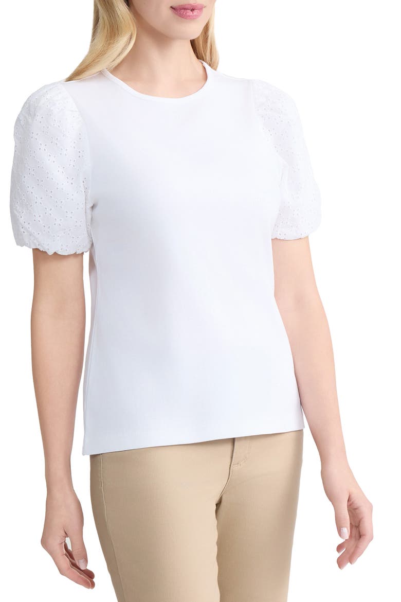 Eyelet Puff Sleeve Crewneck Top, Alternate, color, NATURAL WHITE