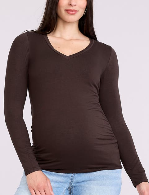 V-Neck Side-Ruched Maternity Long Sleeve Tee