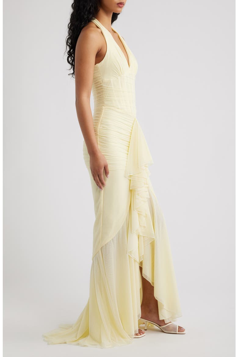 Carmine Ruched Mesh Halter Dress, Alternate, color, LEMON YELLOW