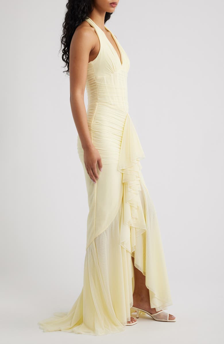 HOUSE OF CB Carmine Ruched Mesh Halter Dress, Alternate, color, Lemon Yellow