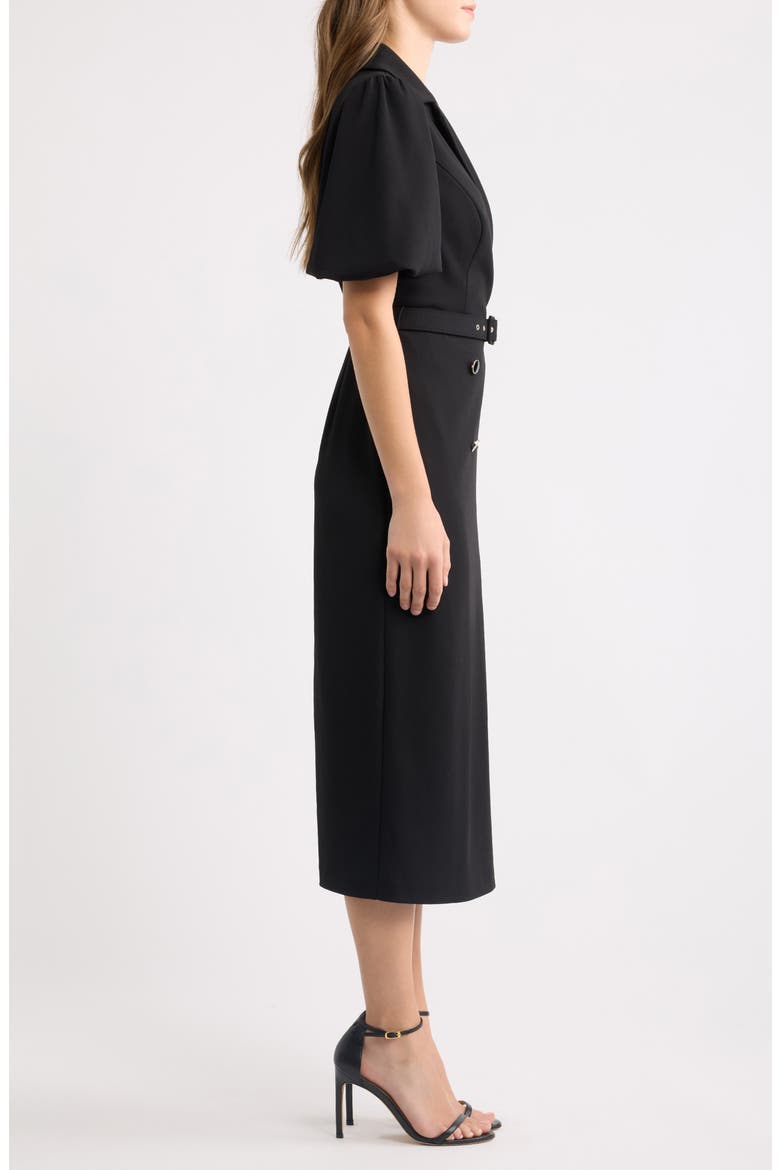 Belted Puff Sleeve Midi Dress, Alternate, color, BLACK